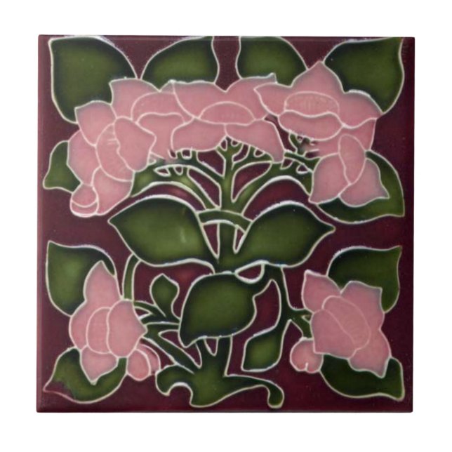 Dekorativ keramik Tile - Rosa Blommigt Art nouveau Kakelplatta (Framsidan)