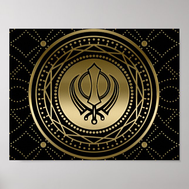 Dekorativ Khanda-symbol guld på svart Poster (Framsidan)