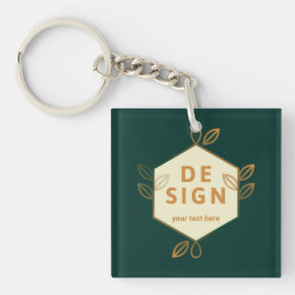 Dekorativ krämfärgad hexagon logotyp på mörkgrön