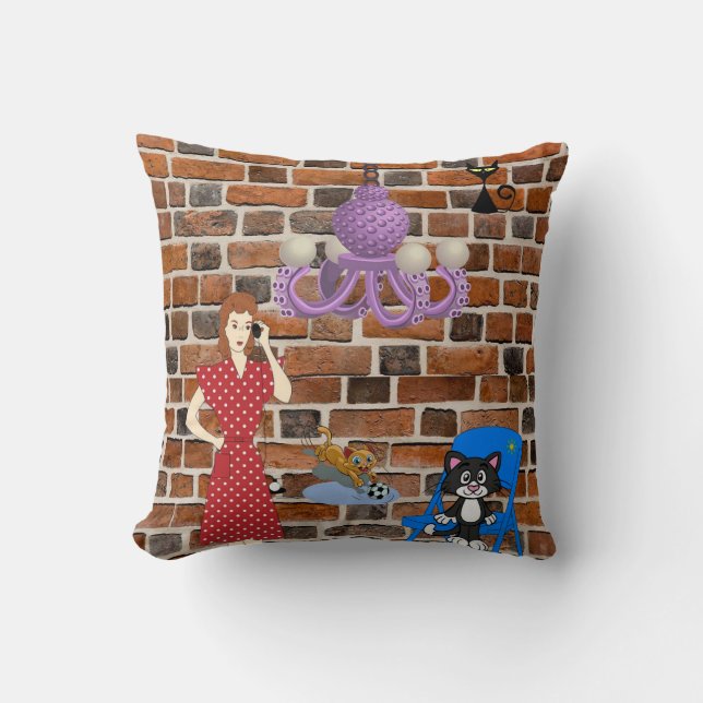 Dekorativ kudde Brick Retro Woman Black Cat (Framsida)