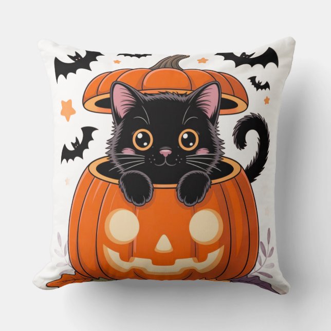 Dekorativ kudde - Cute Black Cat i Pumpkin Hallowe (Framsida)