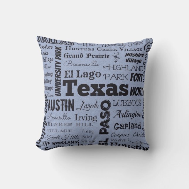 Dekorativ kudde för Texas stadstypografi, blått (Framsida)