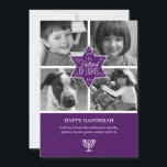 Dekorativ Lila Star av David Hanukkah Card Julkort<br><div class="desc">En stor rik lila Star av David står biet i centrum för detta platta hälsningskort. Stjärnan skriver ut i mitten av fyra rutor av egna färg eller svartvita fotografier. Orden "Festival of Ljus" skriver ut inuti stjärnan med både invändig strålning och utstrålning från stjärnan för att göra ett vackert Hanukkah-hälsningskort....</div>