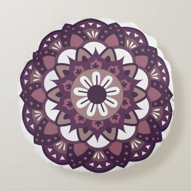 Dekorativ Magenta blomma Mandala Rund Kudde (Framsidan)
