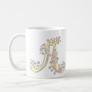 Dekorativ monogram A hjärtan och blommor mugg
