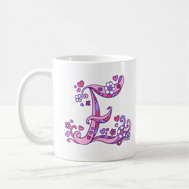 Dekorativ Monogram E-hjärtan och blommors rosa lil Kaffemugg (Vänster)