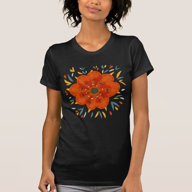Dekorativ nyckfull orange blomma tee shirt (Framsida)