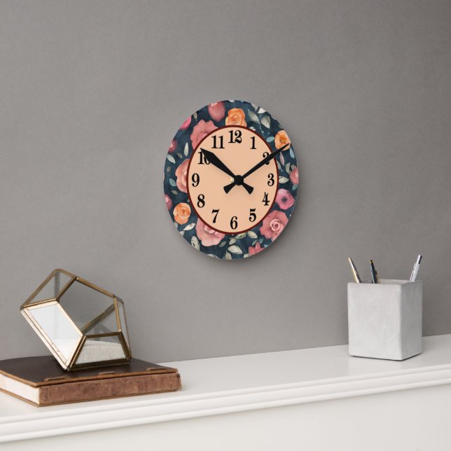 Dekorativ orange och rosa blomster rund klocka (Kontor)