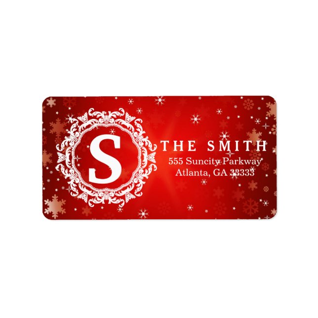 Dekorativ Ram Monogram Red Snowflake-jul Adressetikett (Framsidan)