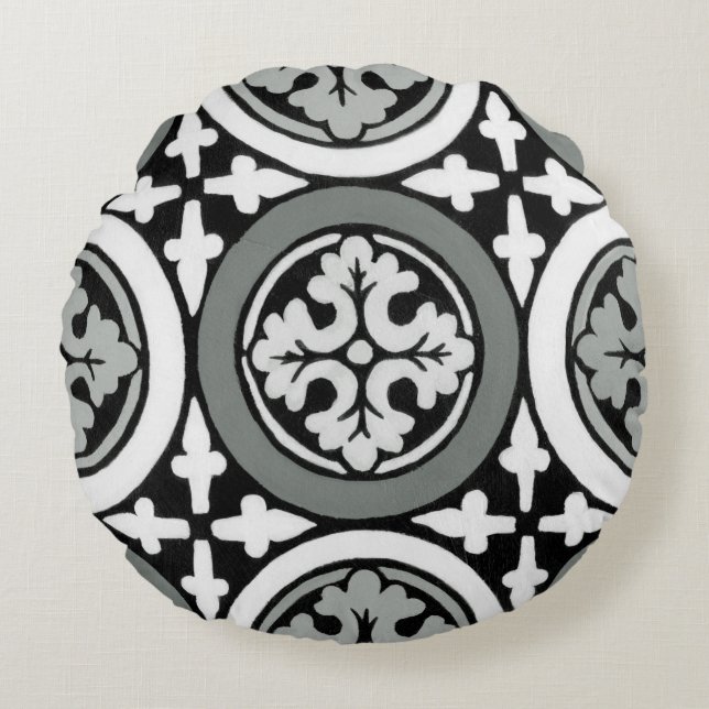 Dekorativ Renaissance Rosette Tile Design Rund Kudde (Framsidan)