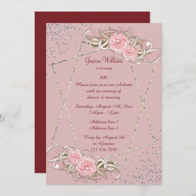 Dekorativ Ro, Sparkly Womans födelsedag Inbjudningar (Fram/baksida)