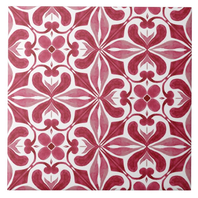 Dekorativ röd Azulejo-plattstickmönster Kakelplatta (Framsidan)