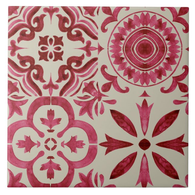 Dekorativ röd Azulejo-plattstickmönster Kakelplatta (Framsidan)