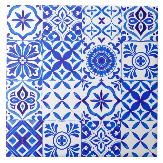 Dekorativ röd Azulejo-plattstickmönster Kakelplatta (Framsidan)