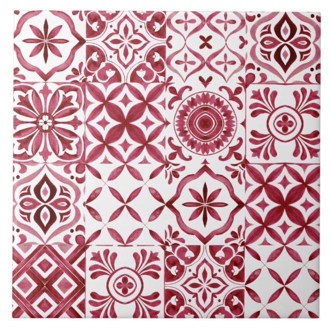 Dekorativ röd Azulejo-plattstickmönster Kakelplatta (Framsidan)
