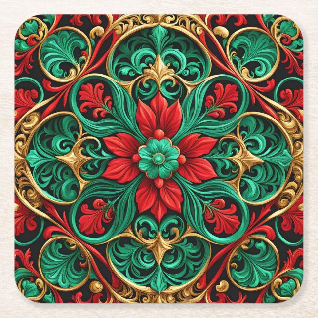 Dekorativ röd grön höstpapper coaster underlägg papper kvadrat (Framsidan)