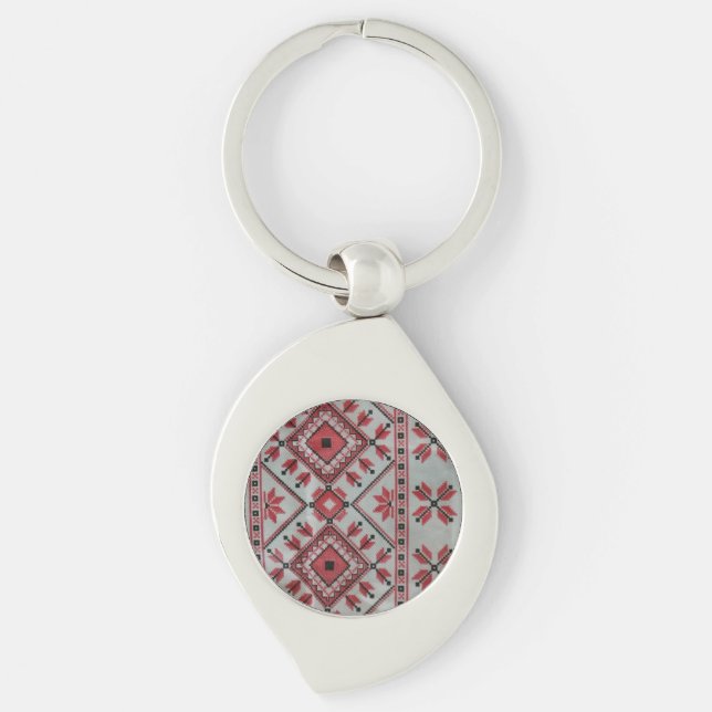 Dekorativ röd och svart underlägg swirl silverfärgad nyckelring (Framsidan)