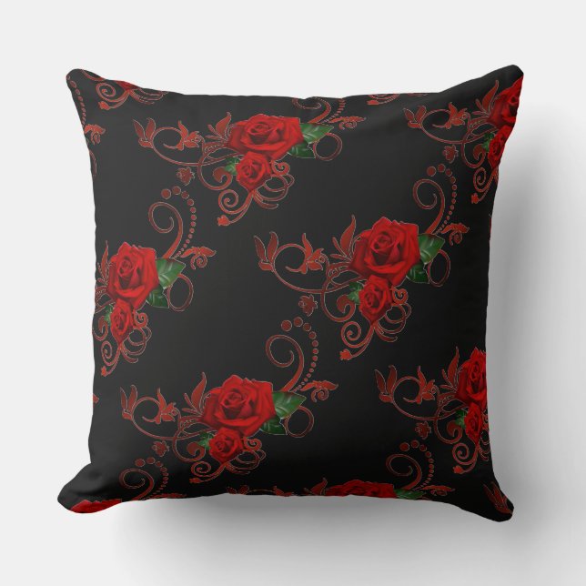 Dekorativ Röd ros Mönster Red and Black Pillow Kudde (Framsida)