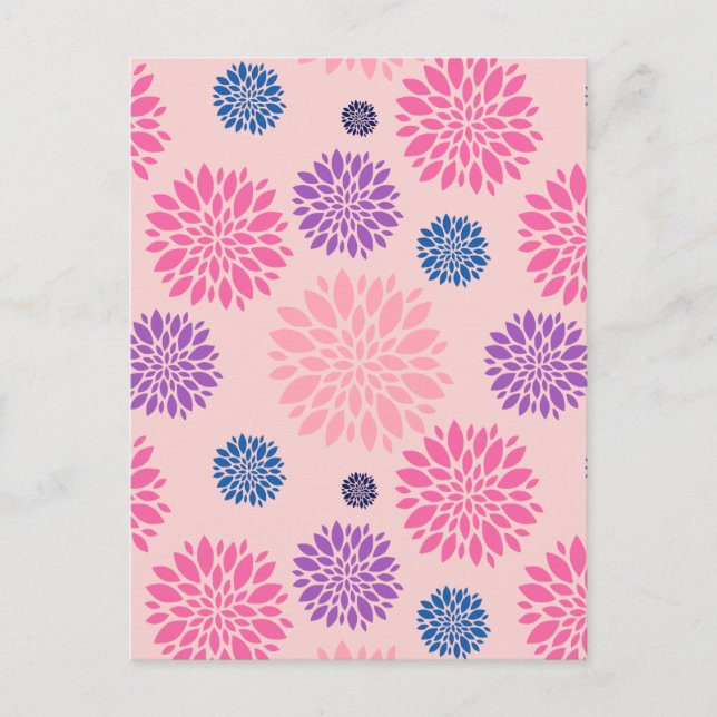 Dekorativ rosa lila och blå blommig mönster vykort (Framsida)