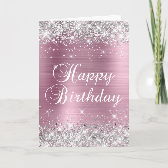 Dekorativ silverglitter rosa folie Glad födelsedag Kort (Framsida)