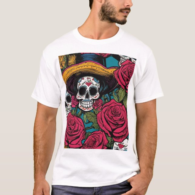 Dekorativ Skull med Sombrero och Ro T Shirt (Framsida)