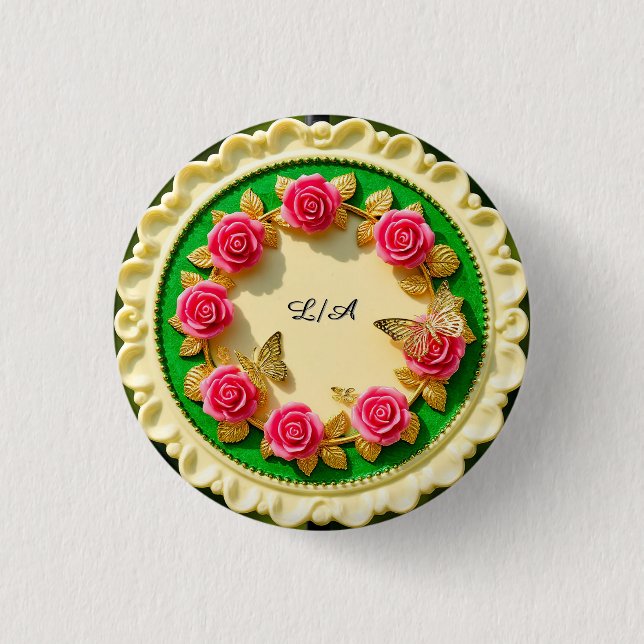 Dekorativ tallrik med grön kant och rosa ros knapp (Framsida)
