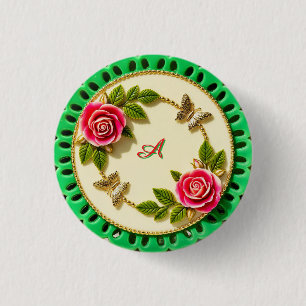Dekorativ tallrik med grön kant och rosa ros knapp