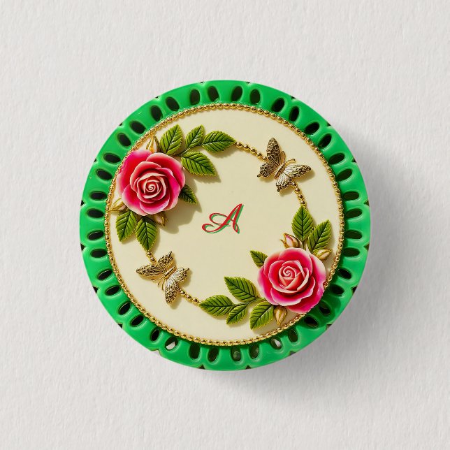 Dekorativ tallrik med grön kant och rosa ros knapp (Framsida)