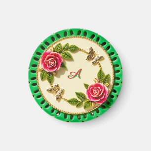 Dekorativ tallrik med grön kant och rosa ros magnet