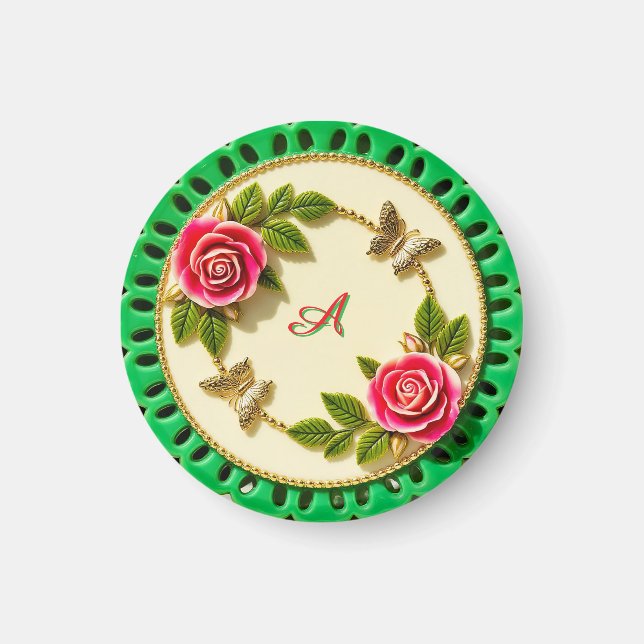 Dekorativ tallrik med grön kant och rosa ros magnet (Framsidan)