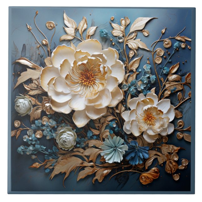 Dekorativ utformning av guld och tejblått blommigt kakelplatta (Framsidan)