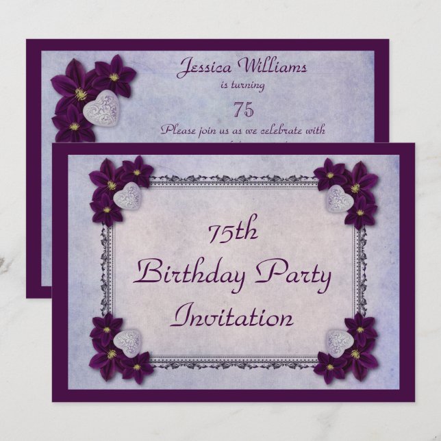 Dekorativa blommor & födelsedag för hjärtaram75:e inbjudningar (Fram/baksida)