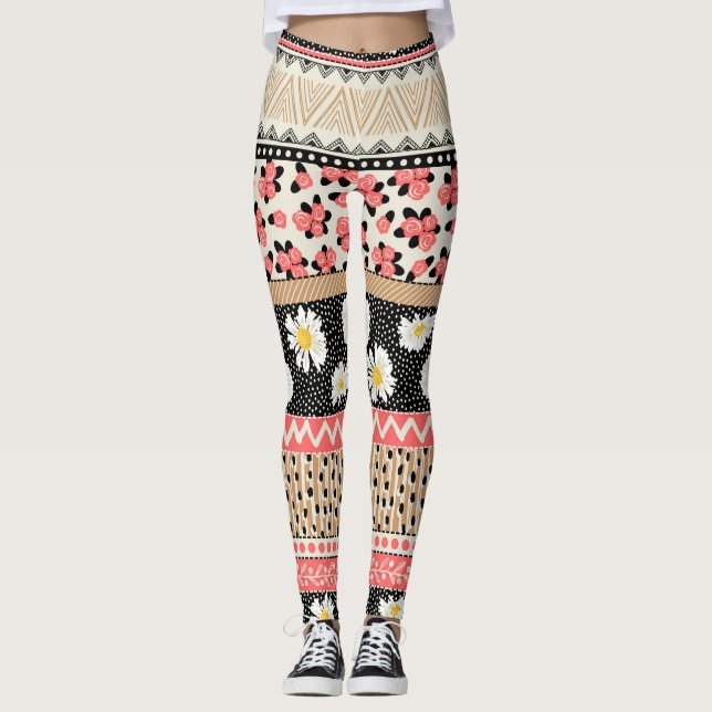 Dekorativa blommor: Patchwork Tile Mönster Leggings (Framsida)