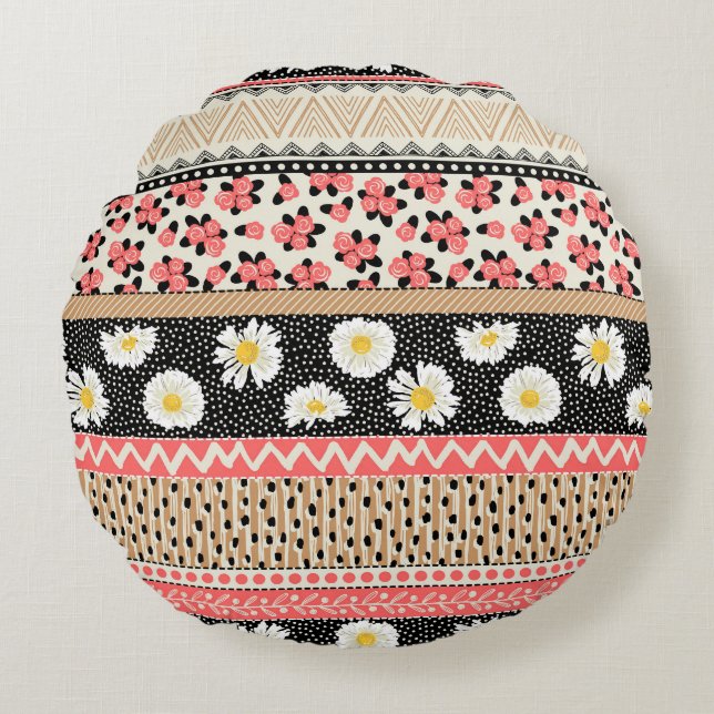 Dekorativa blommor: Patchwork Tile Mönster Rund Kudde (Framsidan)