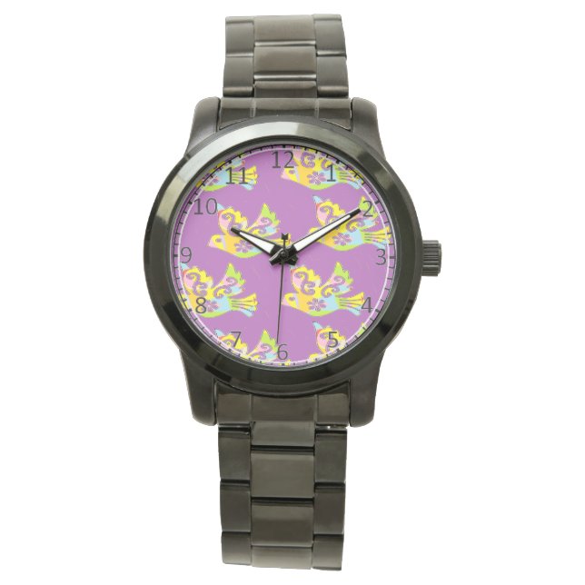 dekorativa fåglar på lila armbandsur (Framsida)