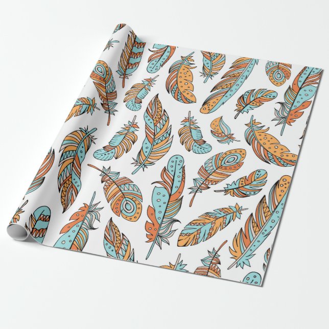Dekorativa fjädrar sömlösa mönster. HAND PLOCKADE  Presentpapper (Utrullad)