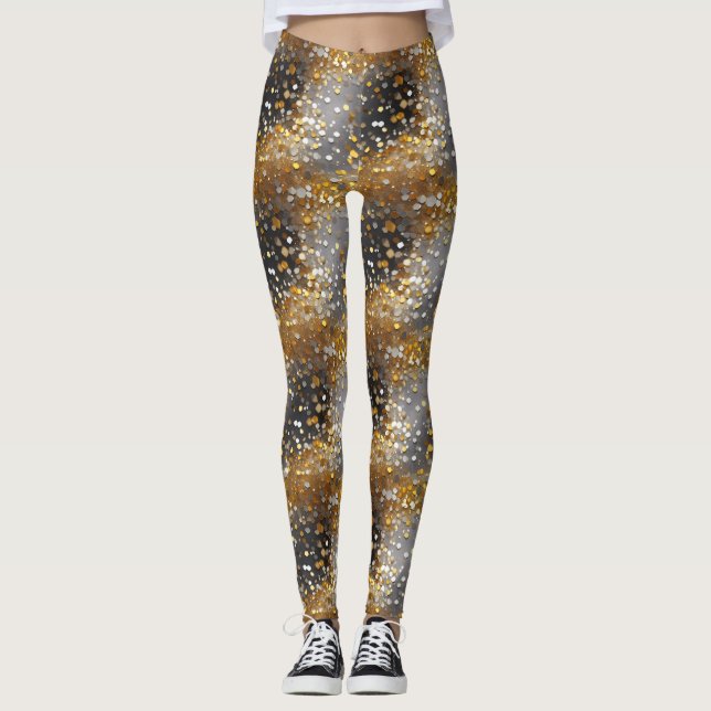 Dekorativa, Glittriga, Glänsande, Svarta, Guld, Le Leggings (Framsida)