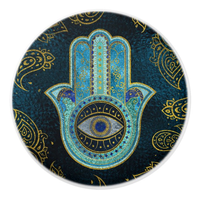 Dekorativa Hamsa räcker med paisley bakgrund Knopp (Framsidan)