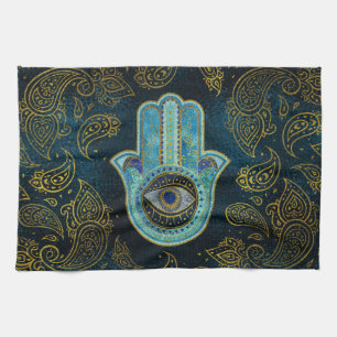 Dekorativa Hamsa räcker med paisley bakgrund Kökshandduk