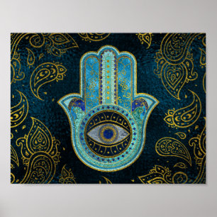Dekorativa Hamsa räcker med paisley bakgrund Poster