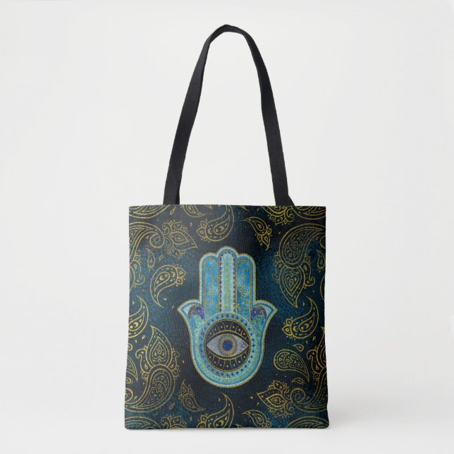 Dekorativa Hamsa räcker med paisley bakgrund Tygkasse (Framsida)