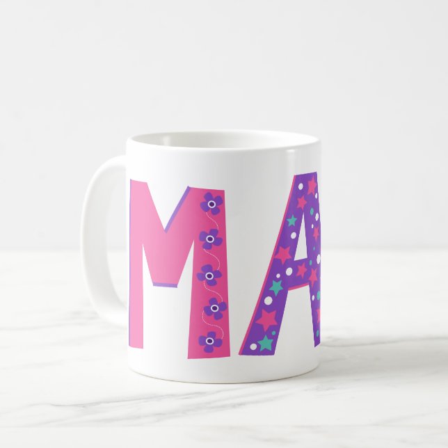 Dekorativa majblommor stjärna rosa lila grafik kaffemugg (Framsida vänster)
