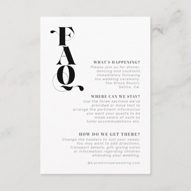 Dekorativa Moderna Bröllopsdetaljer FAQ ID887 Tilläggskort (Framsida)
