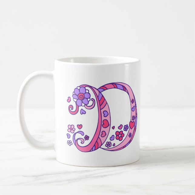 Dekorativa Monogram D-hjärtan och blommor rosa mug Kaffemugg (Vänster)