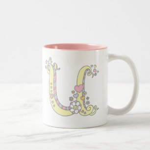 Dekorativa Monogram U-hjärtan och blommor mugg