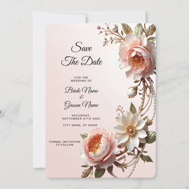 Dekorativa rosa och vita blommor Save The Date Spara Datumet (Framsida)