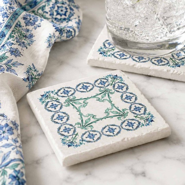 Dekorativa stentallrikar för drycker stenunderlägg (Decorative stone coasters for drinks in shades of blue and teal)