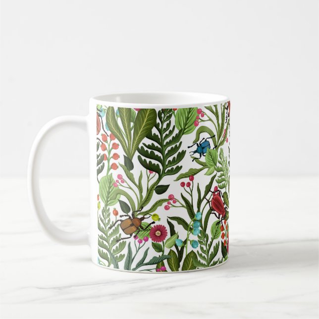 Dekorativa växter och Insekter: Sömlös design. Kaffemugg (Vänster)