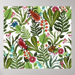 Dekorativa växter och Insekter: Sömlös design. Poster