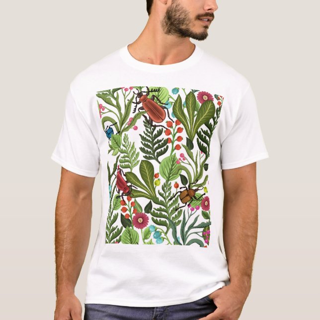 Dekorativa växter och Insekter: Sömlös design. T Shirt (Framsida)